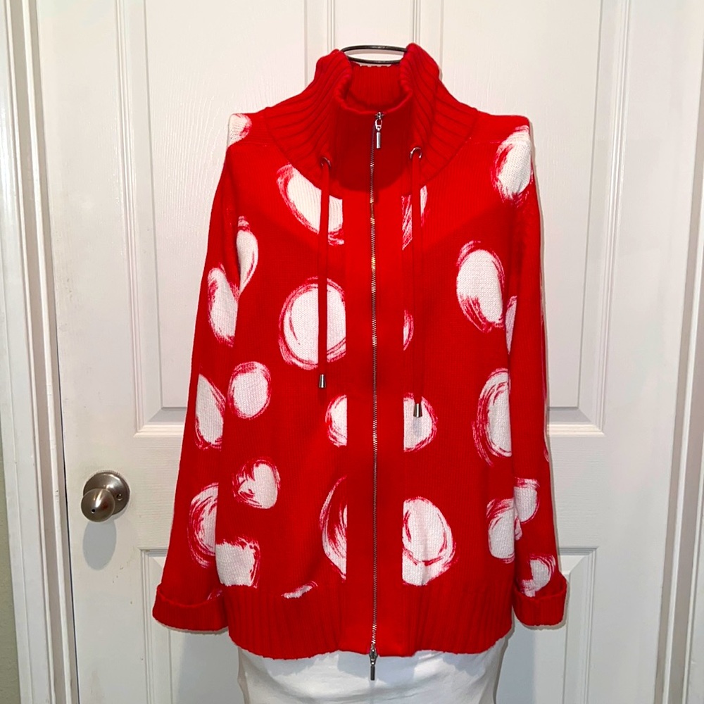 ABBIE MAGS red w/lrg white Circle accent cardigan sweater dual zip up Christmas